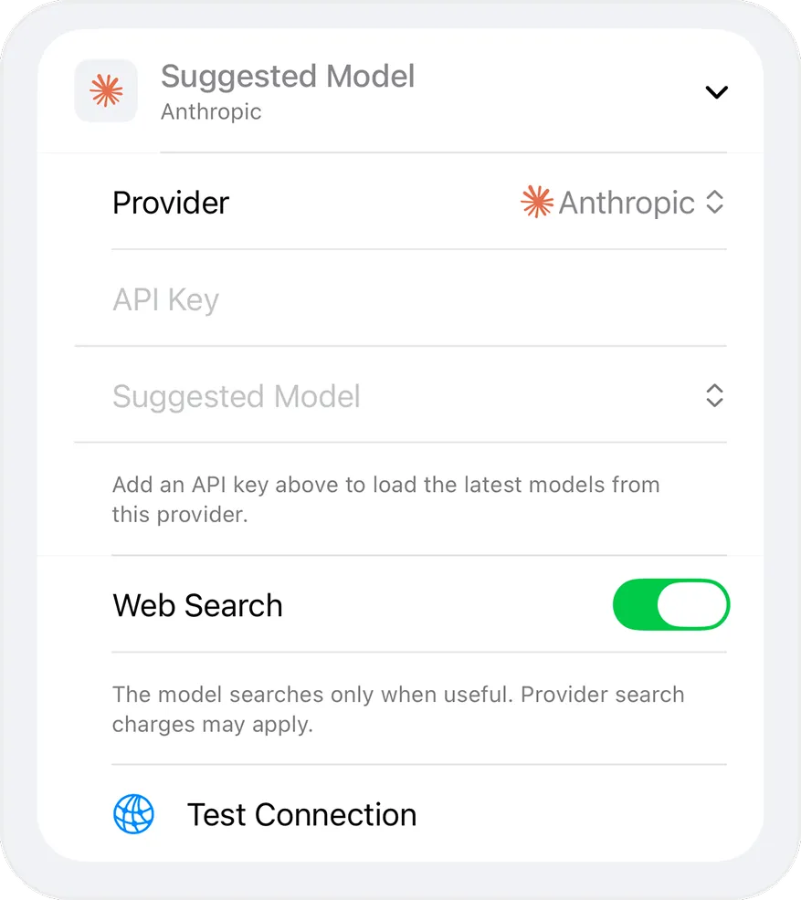 Provider, API key, model, web search and Test Connection settings for an AI contact