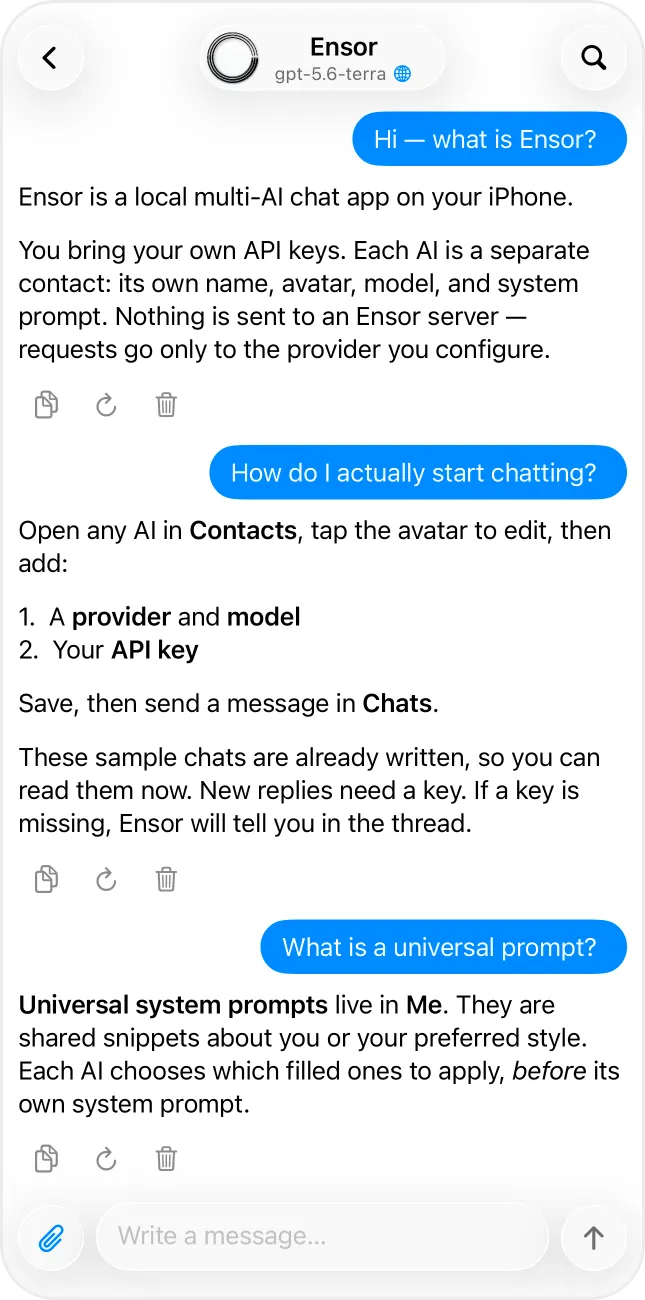 Ensor explaining itself: a local multi-AI chat app where you bring your own API keys