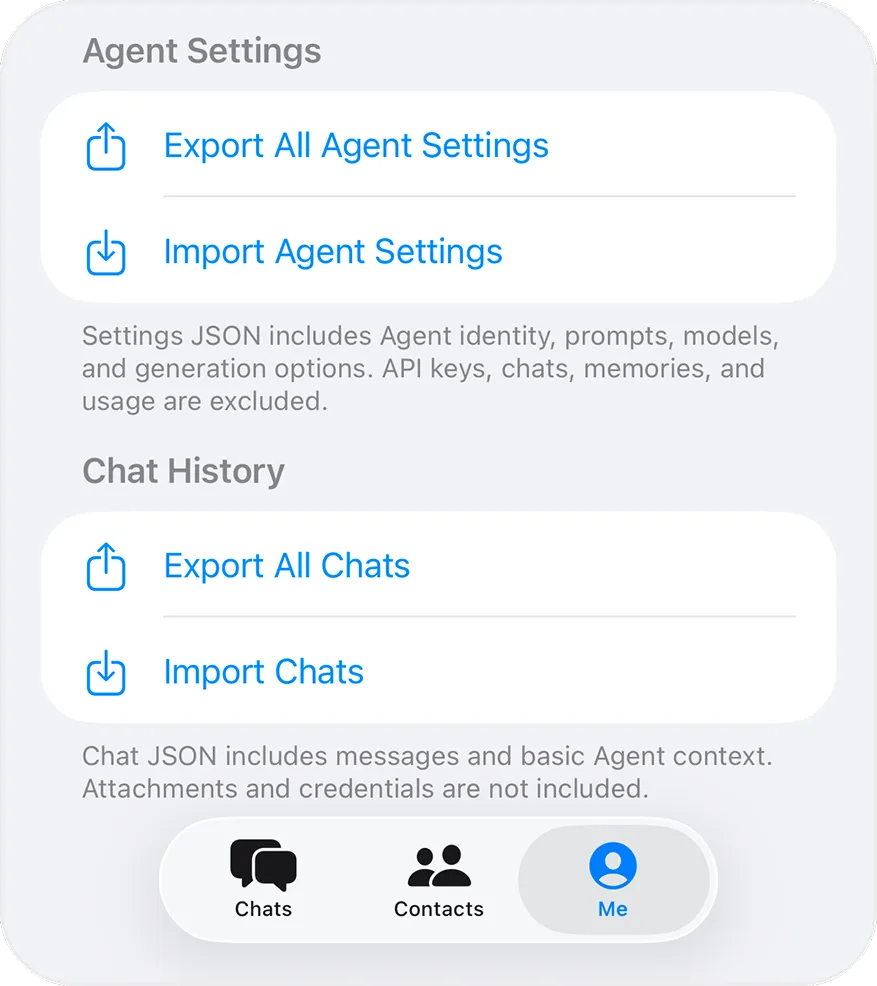 Export and import agent settings and chat history as JSON, without API keys