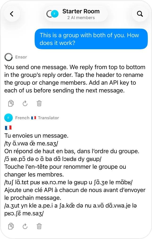 Two AI contacts replying one after another in a group chat