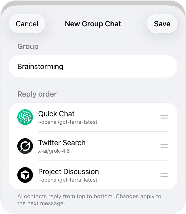 New Group Chat screen setting the reply order of three AI contacts using GPT and Grok
