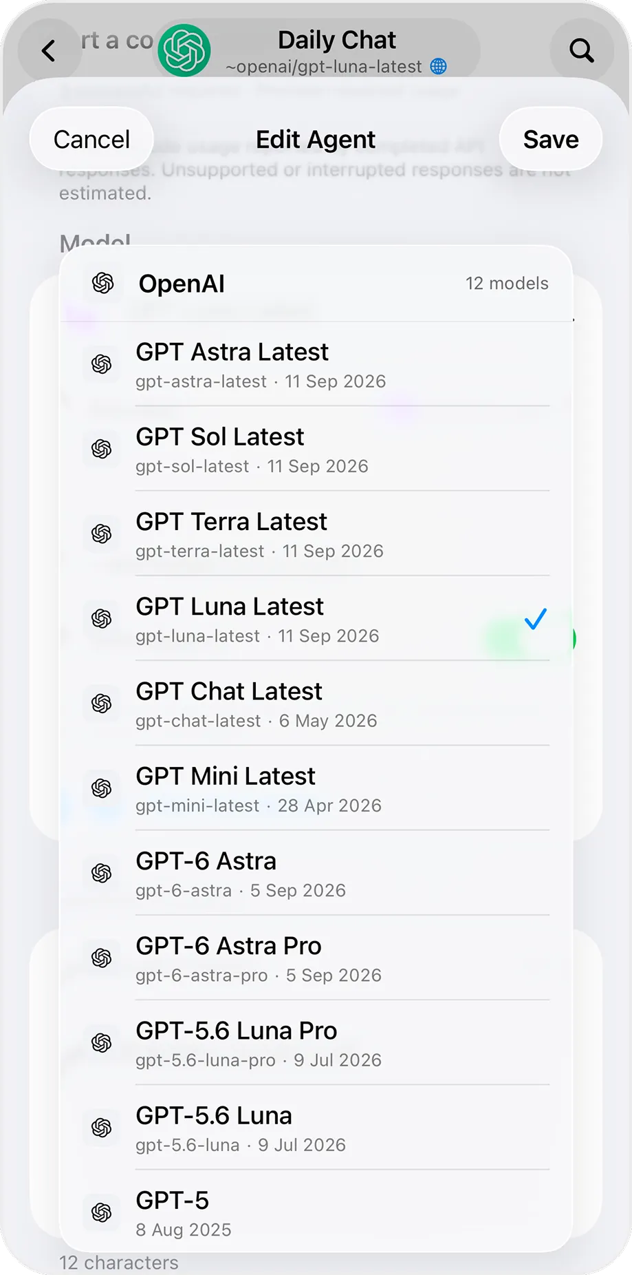 Model picker listing the latest OpenAI models loaded with the user's own API key